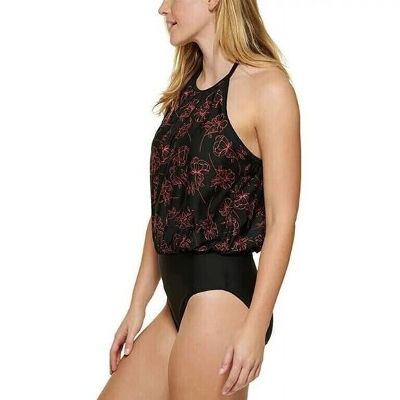 Calvin Klein Black Energy Multi Printed Blouson One-Piece Swimsuit US 16 - Picture 2 of 13